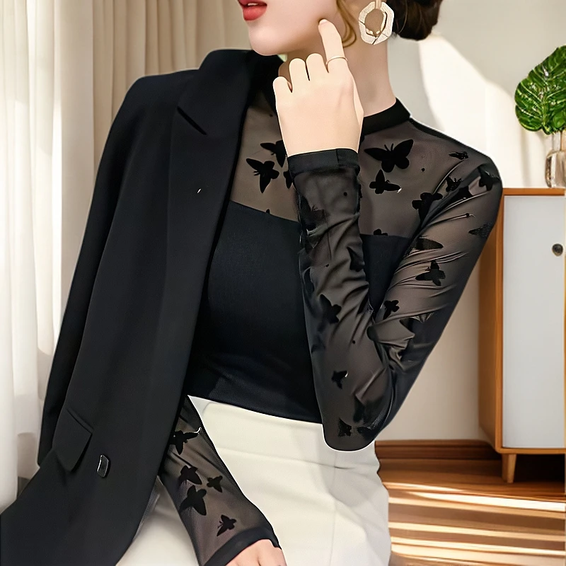 春秋季纱网黑色打底衫T恤修身拼接轻职风长袖植绒性感圆领百搭