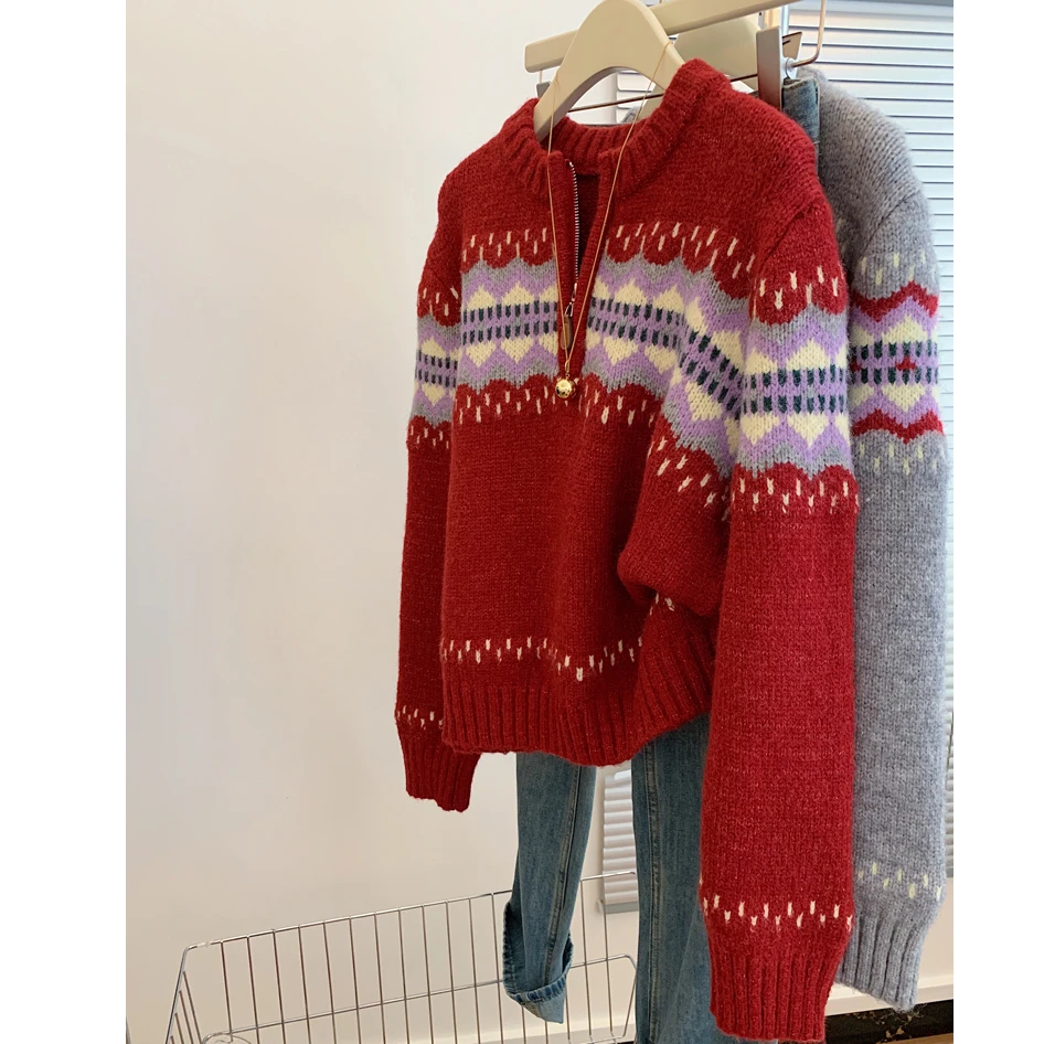 半拉链圣诞大红色费尔岛圆领宽松套头毛衣女加厚可外穿内搭设计感