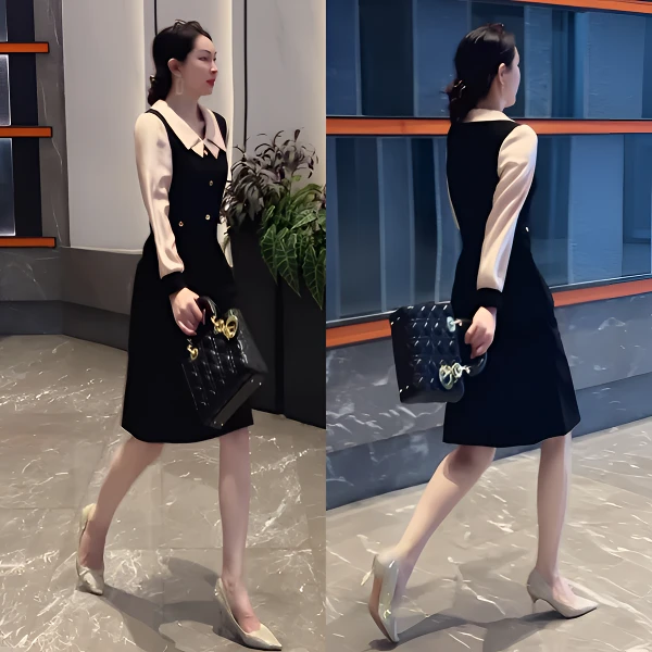 百花果【防褪色】2026早春季大码女装长袖雪纺袖连衣裙弹力假两件