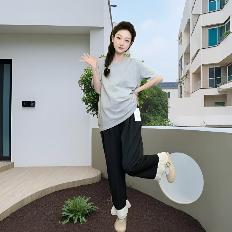 孕妇装夏季新款V领T恤+阔腿裤时尚休闲显瘦两件套