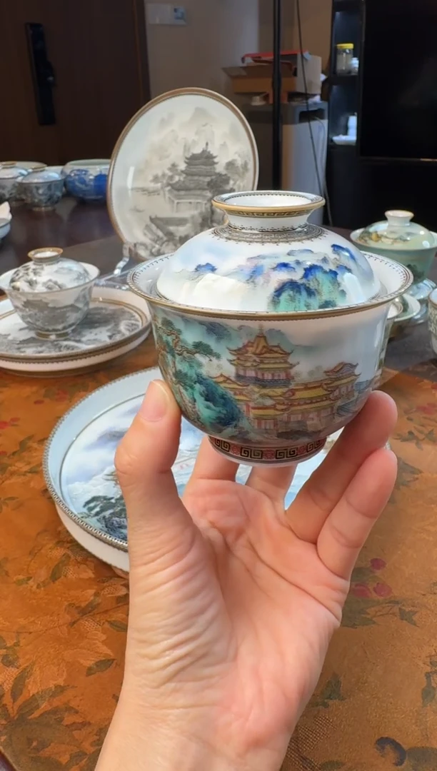 半**森手绘重工粉彩蓬莱仙境岩茶盖碗