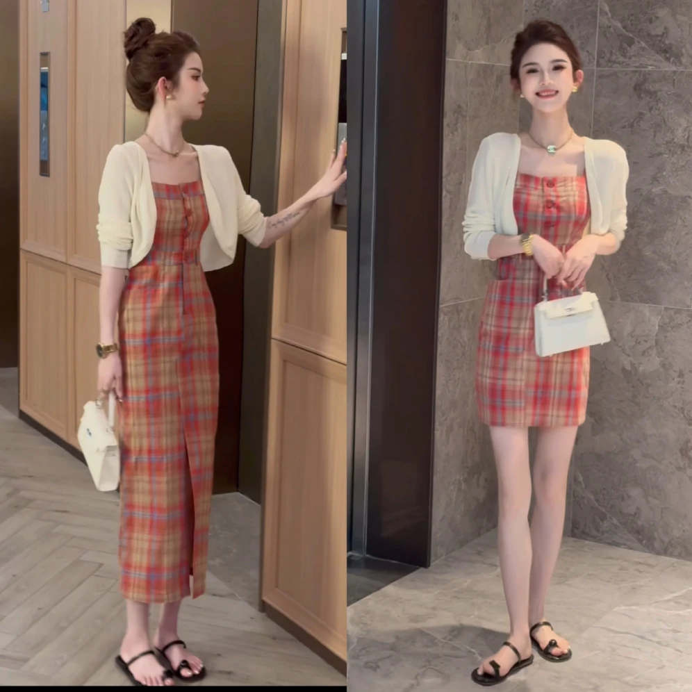 高冷御姐轻熟风显瘦时髦复古气质格子吊带连衣裙