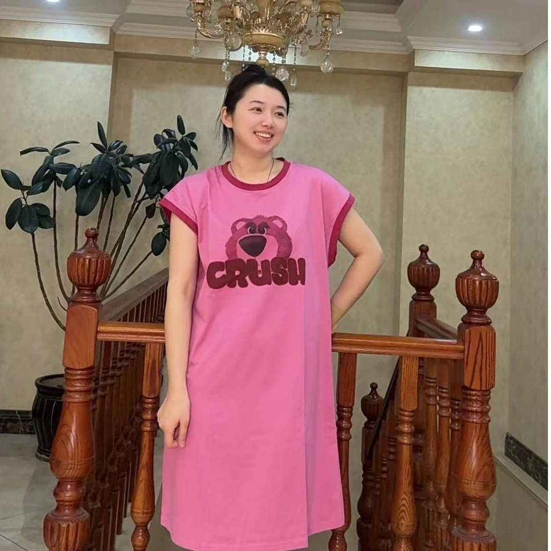甜美洋气潮流卡通新款撞色草莓熊睡裙女款时尚休闲百搭宽松
