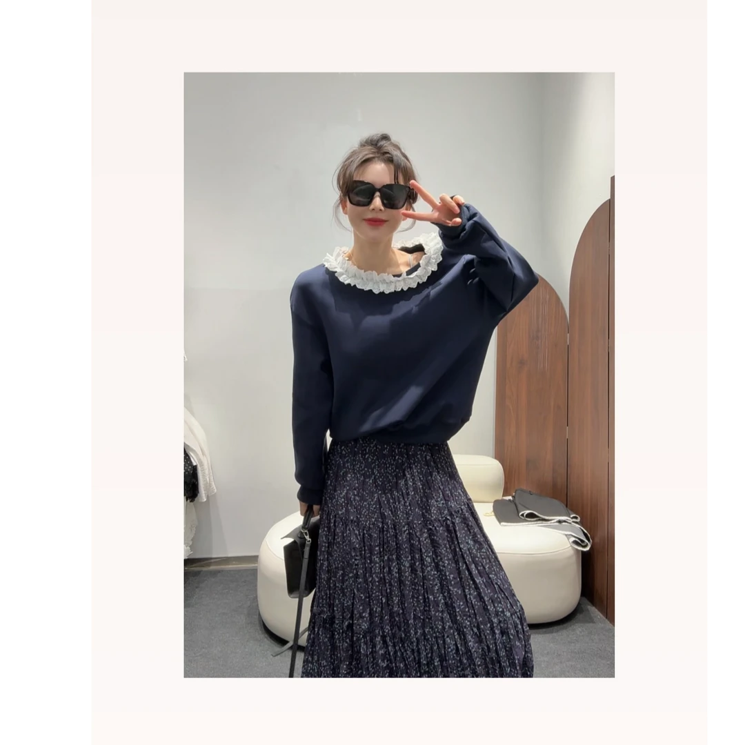 【雪儿姐姐花边两穿上衣】早春新品蕾丝气质时尚百搭小众圆领卫衣