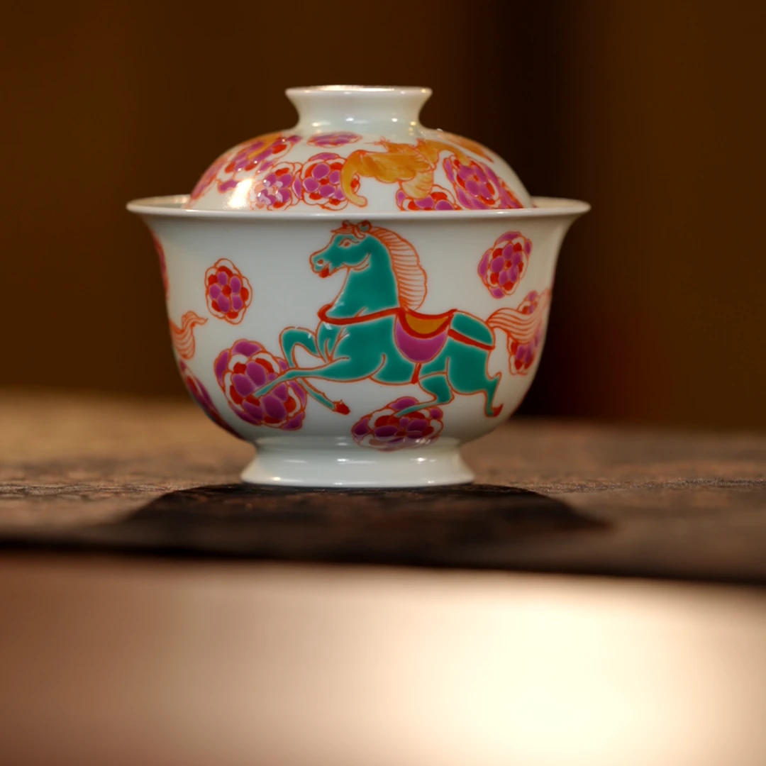 雨溪山房-红绿彩走马观花盖碗