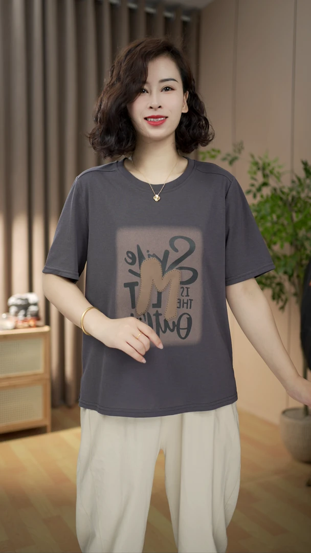 女士大码圆领几何印花波点半袖透气短袖T恤百搭时尚夏季简约宽松