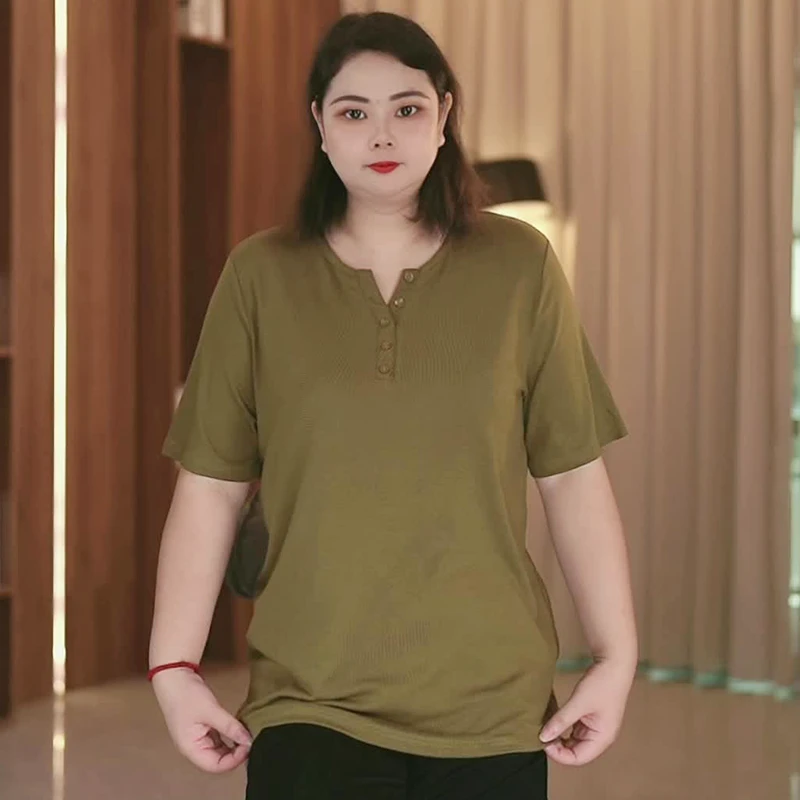 【韩服路】2025年新款夏季女士大码V领短袖宽松胖mm显瘦开筒T恤