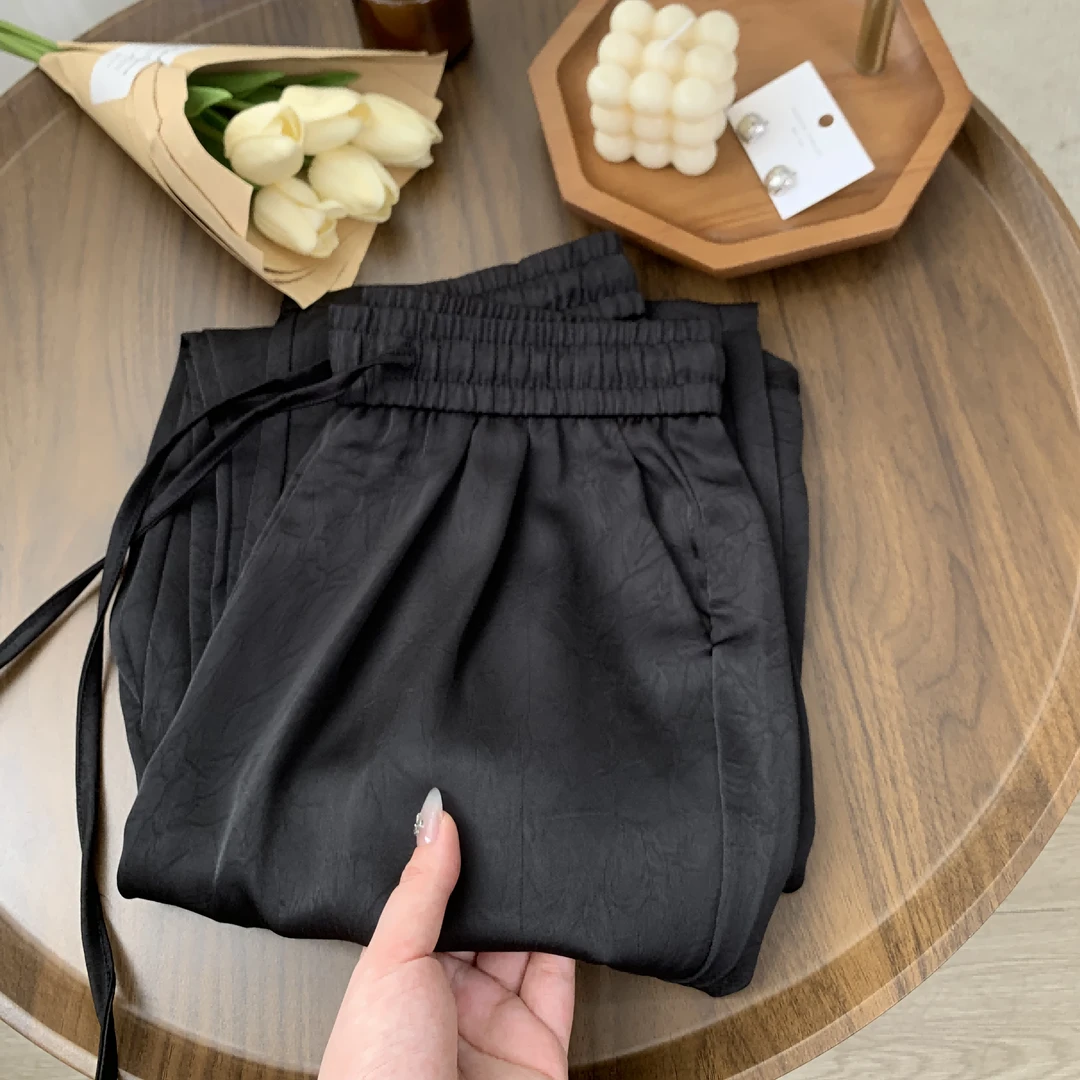 醋酸阔腿裤女夏季薄款新款凉凉裤显瘦通勤印花冰丝缎面黑色直筒裤