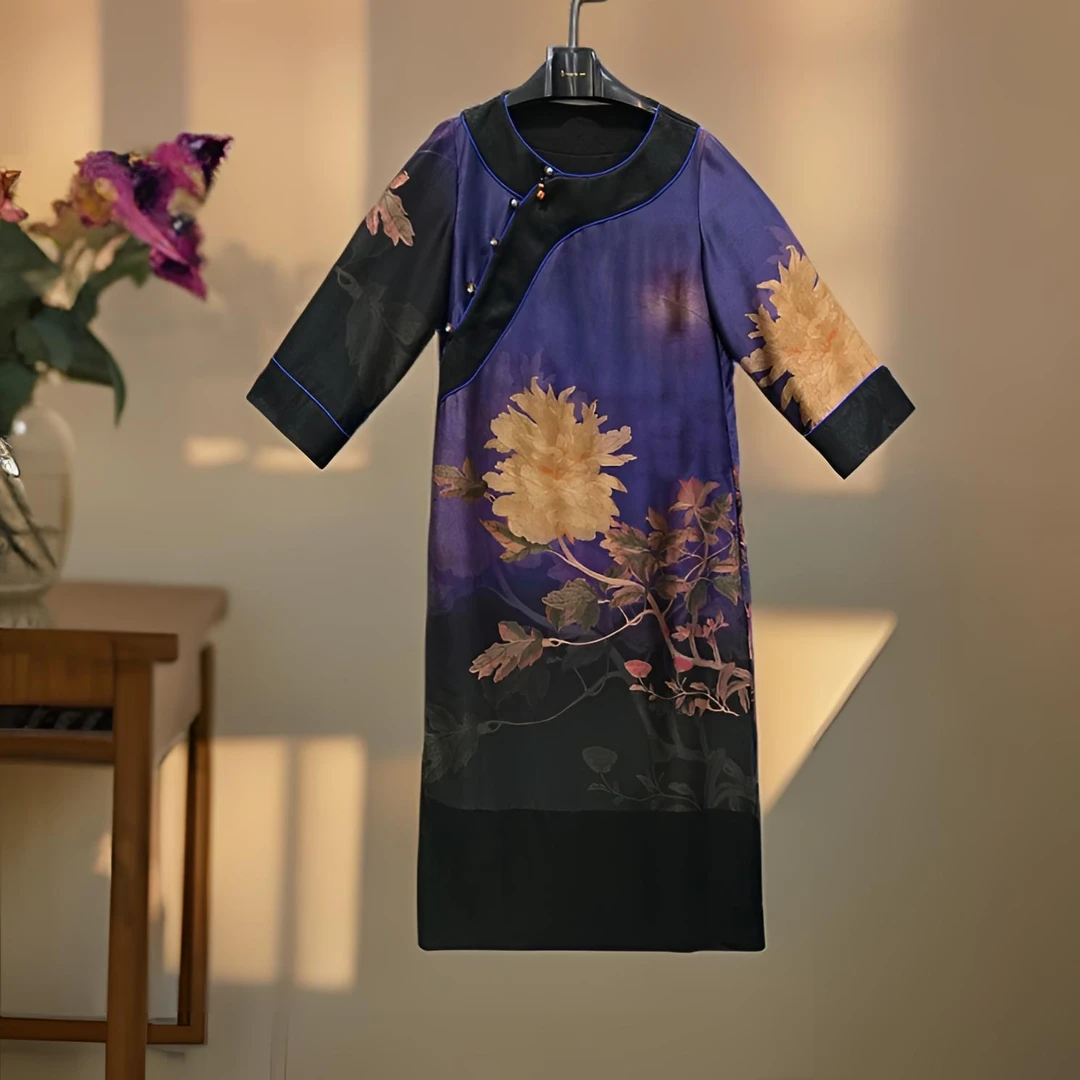 【娇娇美娇】娑尔紫色牡丹花印花重锻连衣裙SH3LV02537