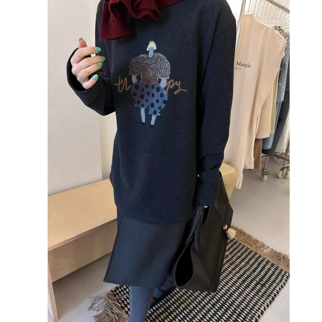 【YIBUDAOWEI】圆领字母卡通印花宽松长袖T恤 9278