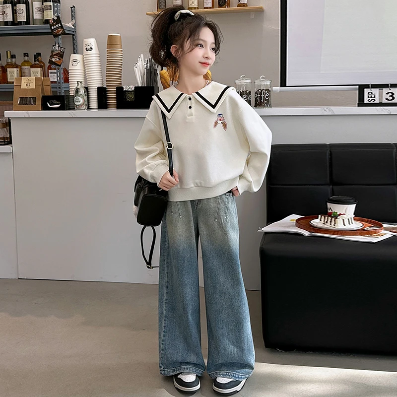 女童春秋套装2024新款女大童洋气童装海军领卫衣阔腿裤儿童两件套