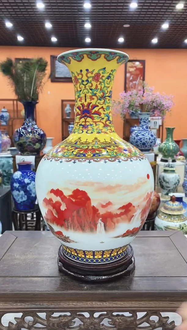 摆件陶瓷摆件（鸿运当头）赏瓶高37公分+旋转底座