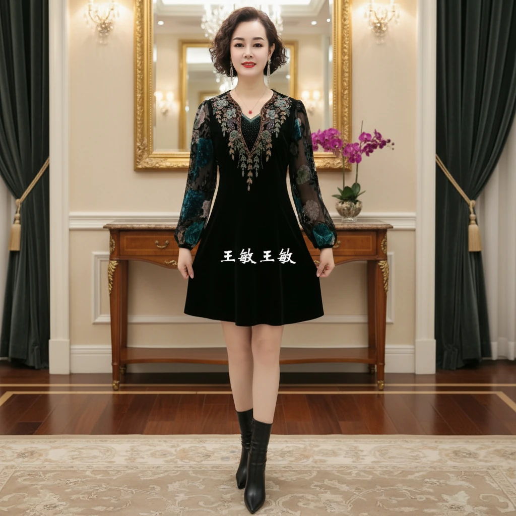 2155镶连衣裙妈妈时尚遮肉太太年轻钻丝绒旗袍长中气质高档阔宽松