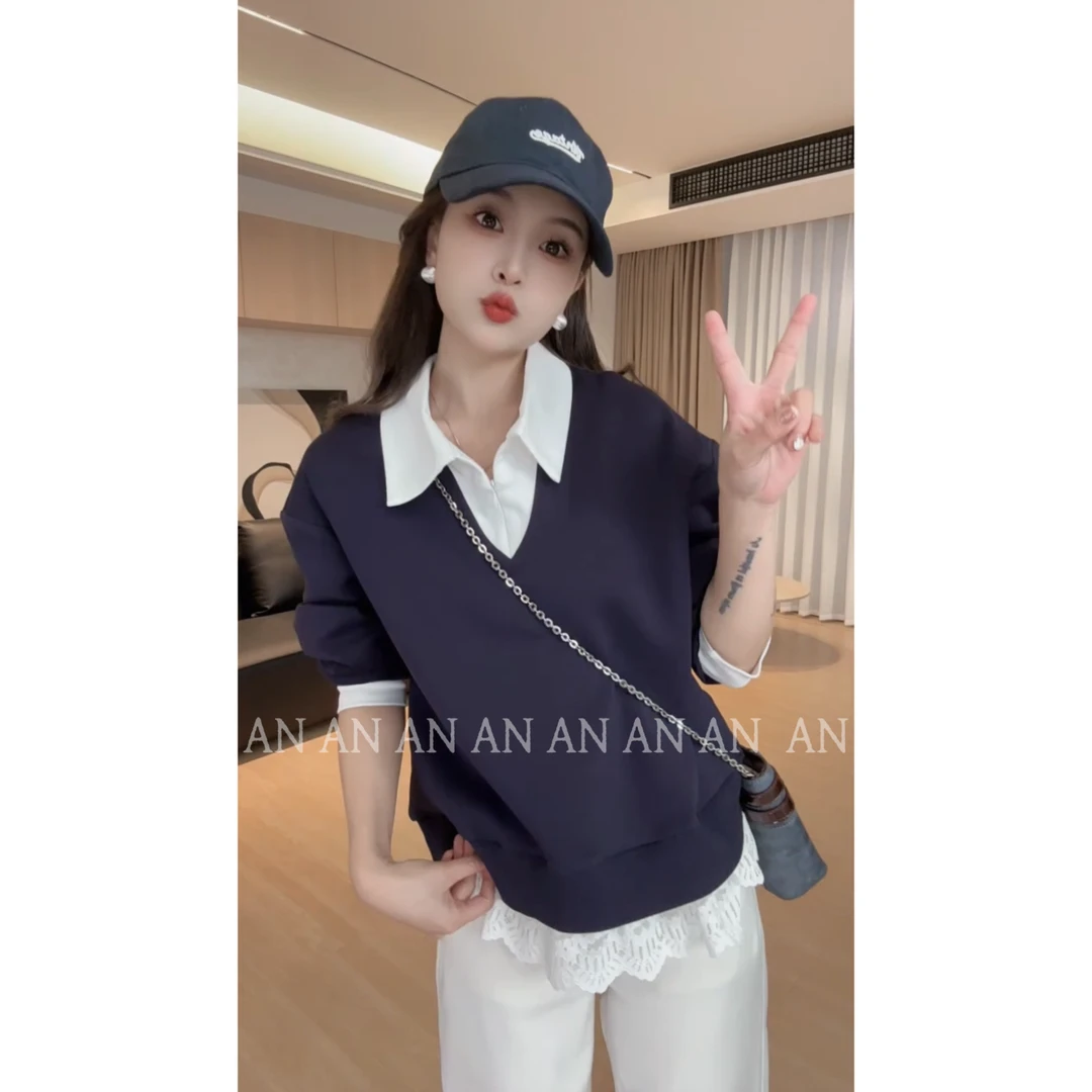 C02170春季新款清新POLO领拼接下摆蕾丝假两件卫衣