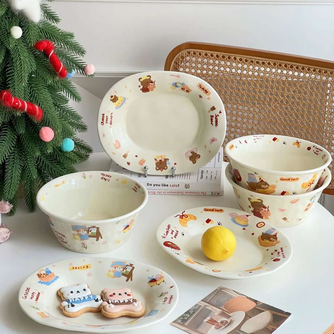 到手2件套！卡通大碗椭圆盘套装网红可爱家用创意陶瓷少女心日式