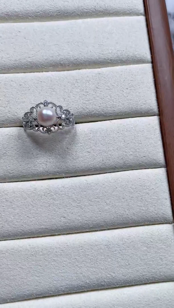 【闪购商品】海水珍珠戒指银S925镶嵌宽版蕾丝珍珠戒指