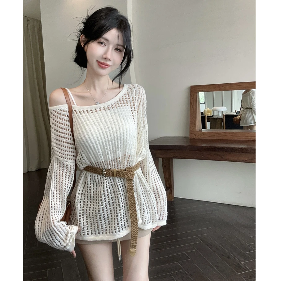 宽松慵懒风气质长袖针织衫女镂空薄款罩衫百搭半身裙