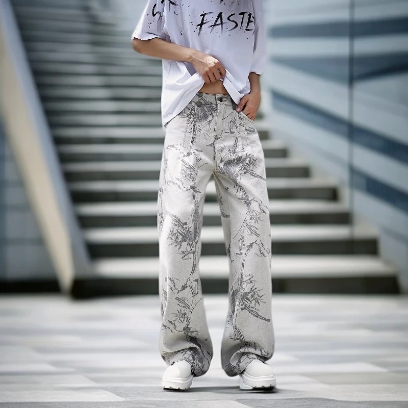 秋季新款色织工艺复古宽松提花牛仔裤显瘦阔腿长裤美式潮牌裤子