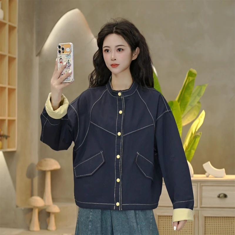 3846 春季设计感立领明线拼接外套女2025新款宽松显瘦翻袖上衣