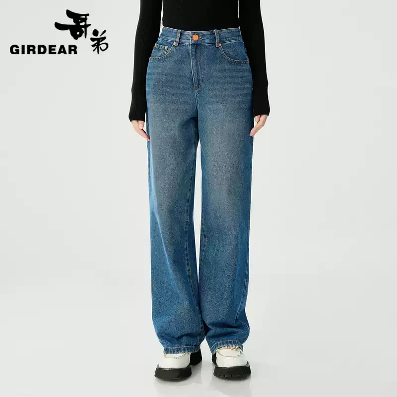 哥弟女装新款高腰复古宽松撞色扣显瘦百搭直筒裤牛仔裤女1100545