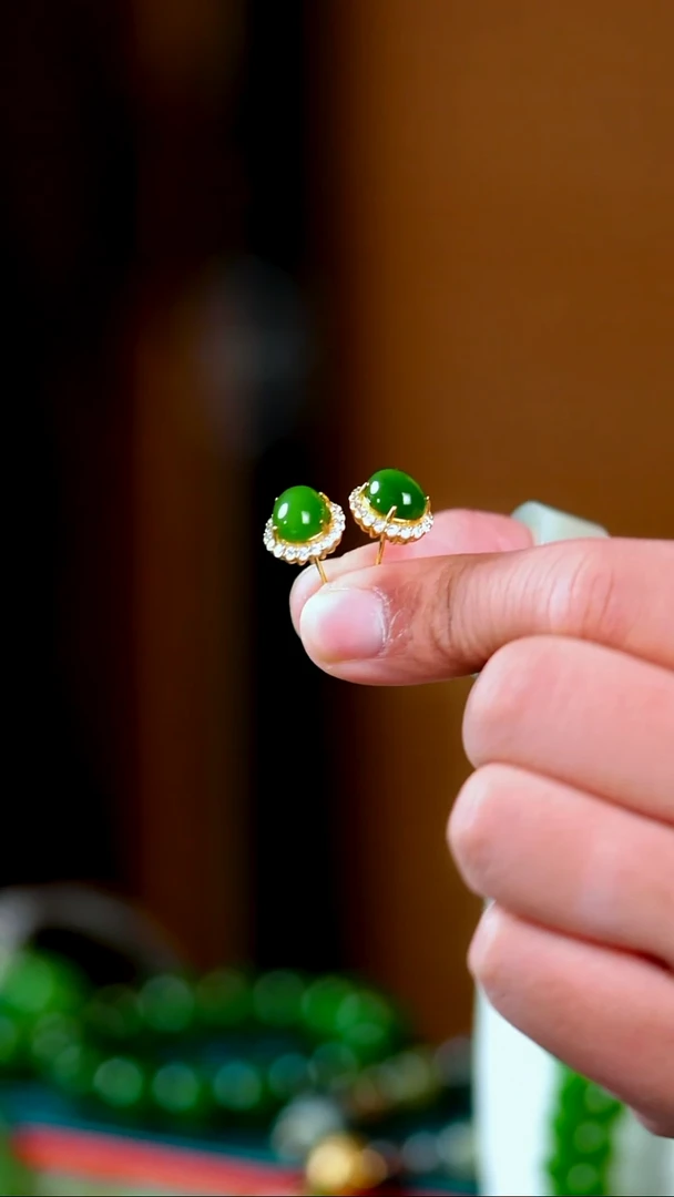 银S925镶嵌和田玉耳钉碧玉耳钉