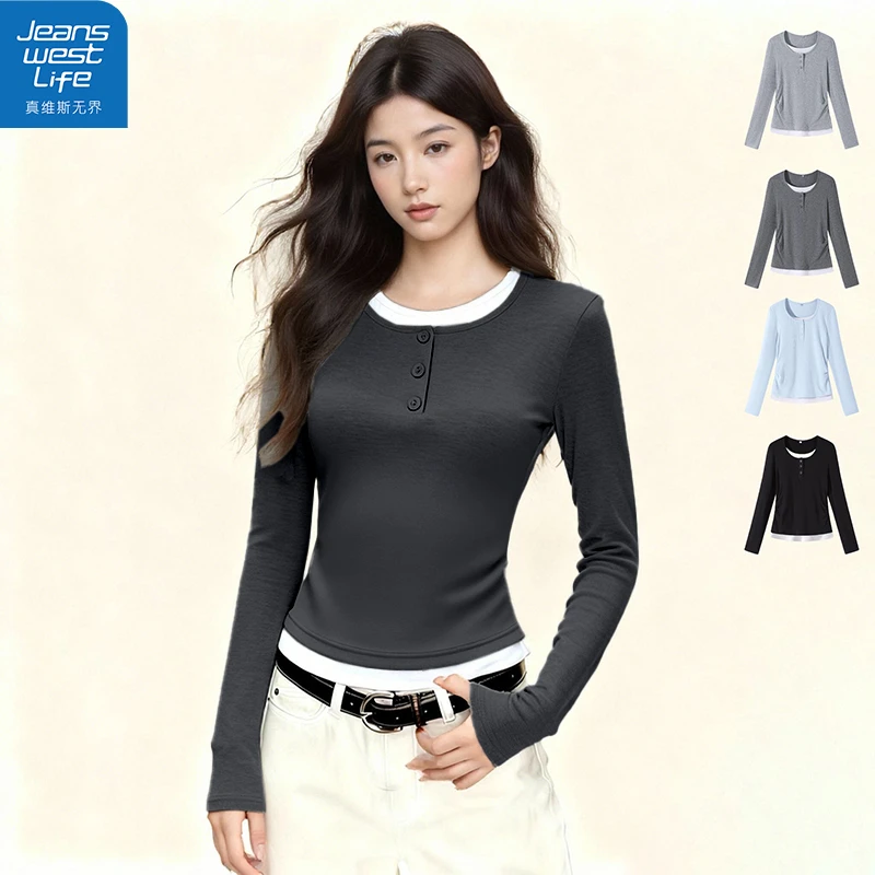 真维斯无界女假两件长袖打底衫春日韩系感减龄遮肉日常逛街上衣S