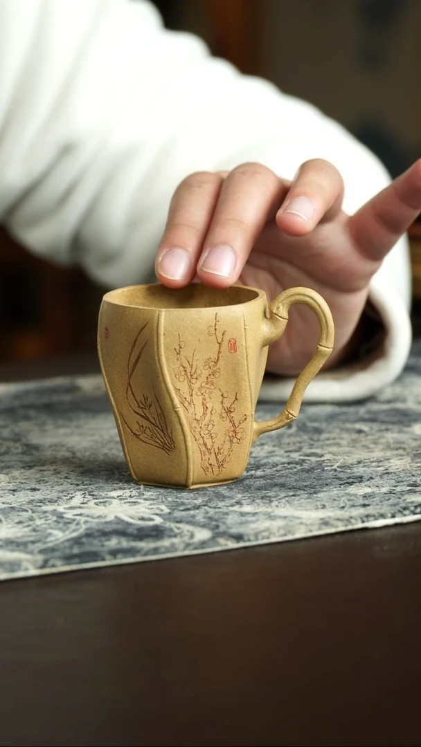 茶杯紫砂48号 新品特惠 梅兰竹菊六方把杯 宜兴紫砂原矿作品