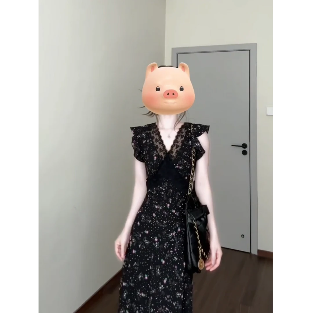 黑色蕾丝拼接碎花连衣度假风法式气质独特漂亮掐腰长裙