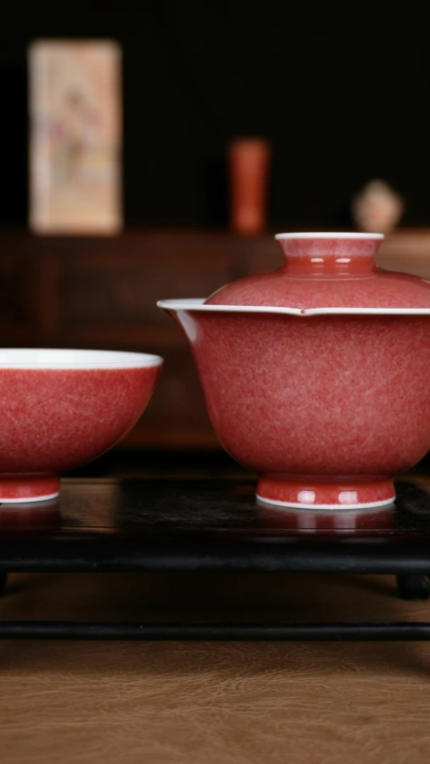 盖碗豇豆红景德镇纯手工陶瓷