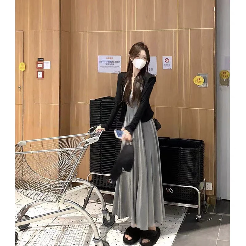 《甜蛮》2025蓉蓉家夏季新款薄款防晒长袖开衫吊带连衣裙两件套装裙