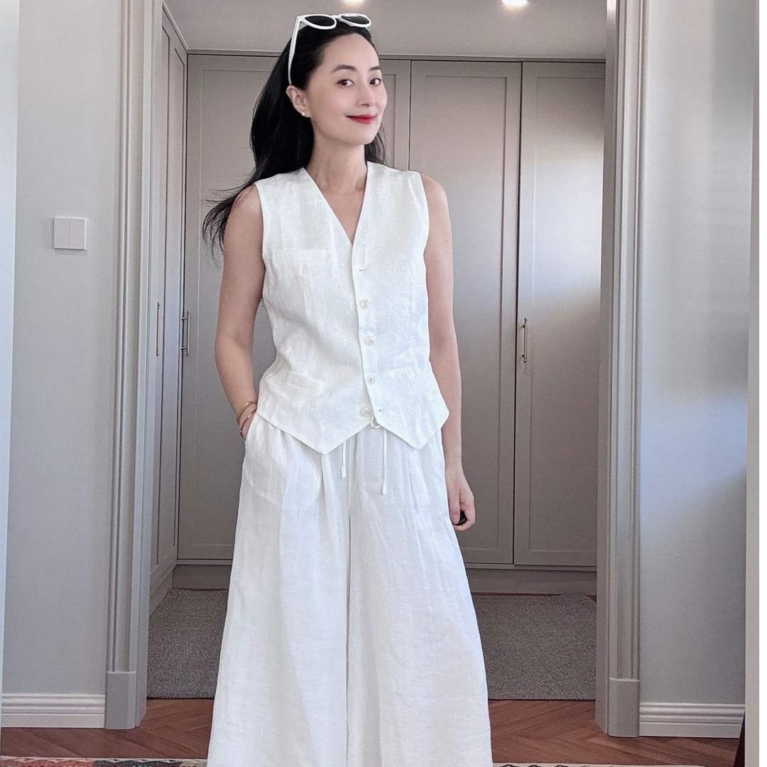 【安雅精选】”织织如云”白色亚麻裤裙