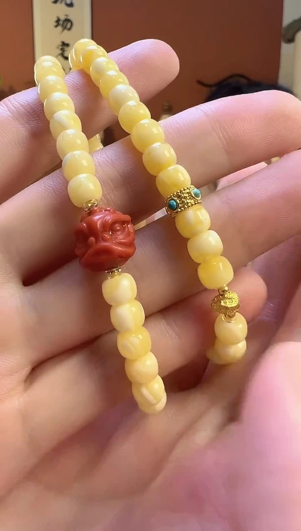 手串蜜蜡18K金镶嵌瓷白蜜蜡6mm双圈