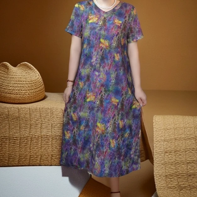 745【油彩】高端订制连衣裙 休闲女士夏季复古宽松