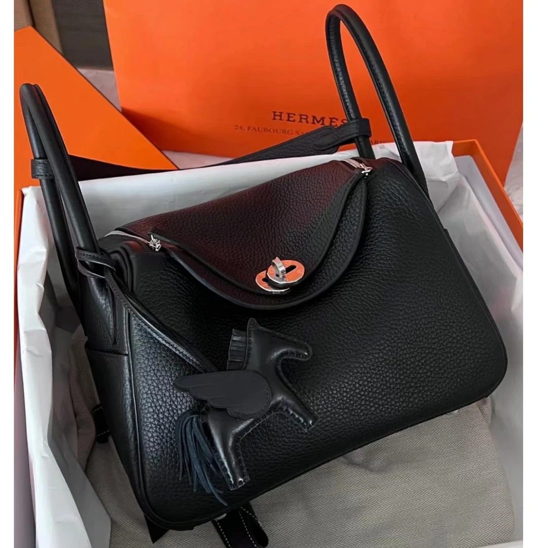 全新未使用 Hermes/爱马仕 拆小花6枫 Lindy30 黑色TC皮U刻银扣包