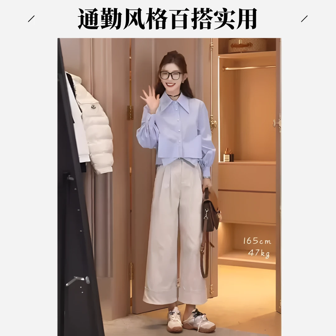 春装搭配一整套气质法式独特洋气小香风蝴蝶结翻领衬衫直筒裤套装