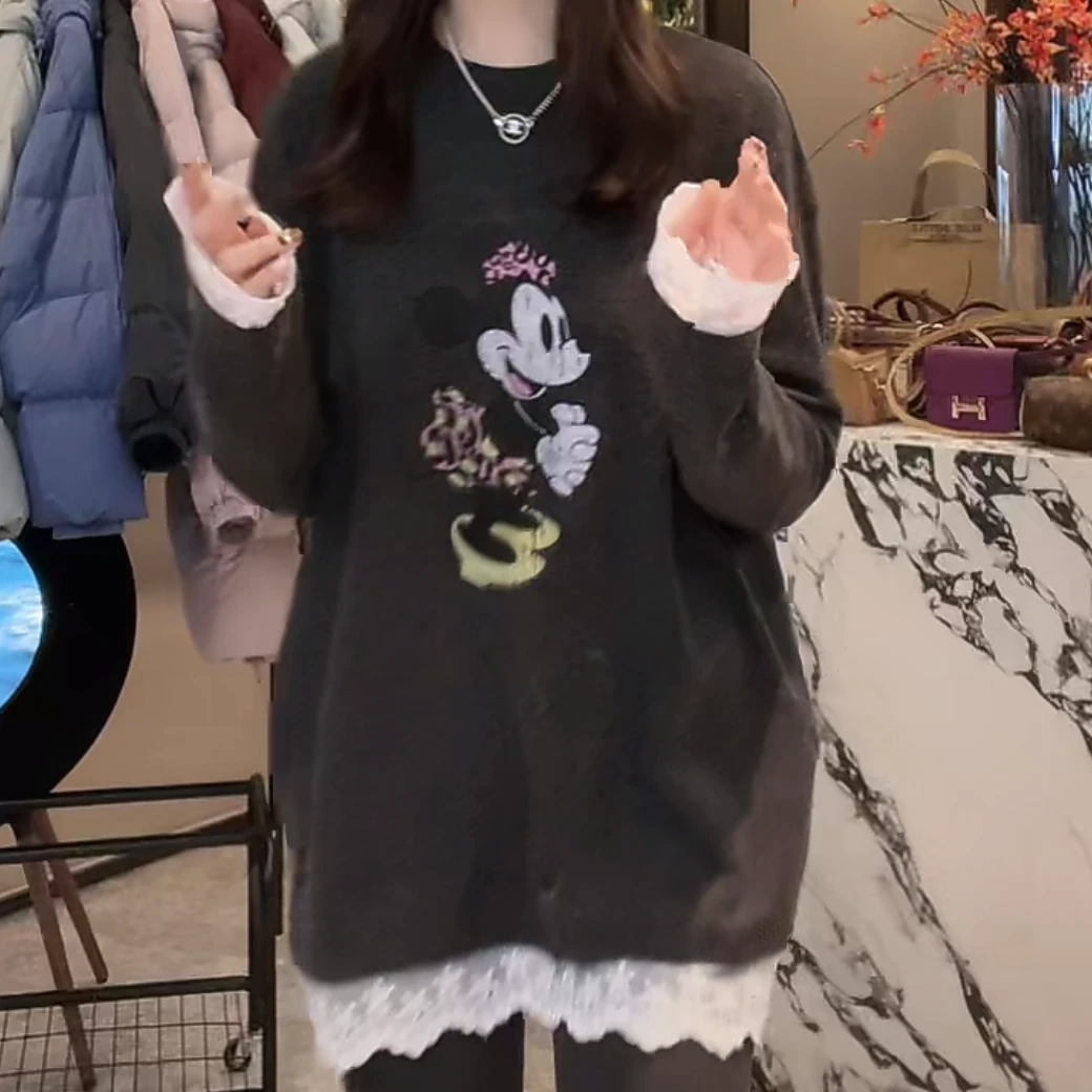 设计感米奇印花拼接蕾丝长袖T恤女秋冬季宽松韩版中长款打底上衣