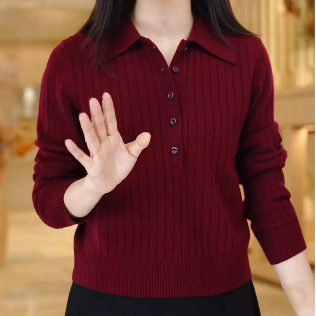 【专柜正品2】新款Polo领针织衫女简约坑条打底衫上衣五扣