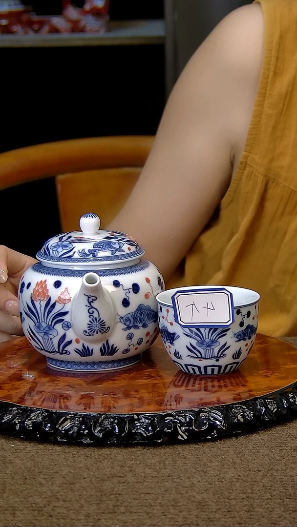 陶瓷简装茶具套组鱼藻纹壶加4客杯