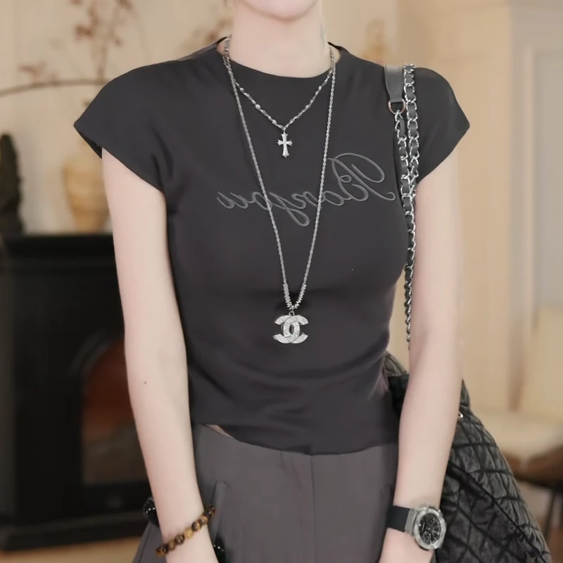 夏季2025新款刺绣针织衫显瘦修身短款时尚上衣百搭t恤LK2503191