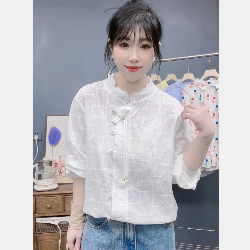 新中式刺绣春季花边领小蜻蜓复古盘扣小众设计白色衬衫衬衣