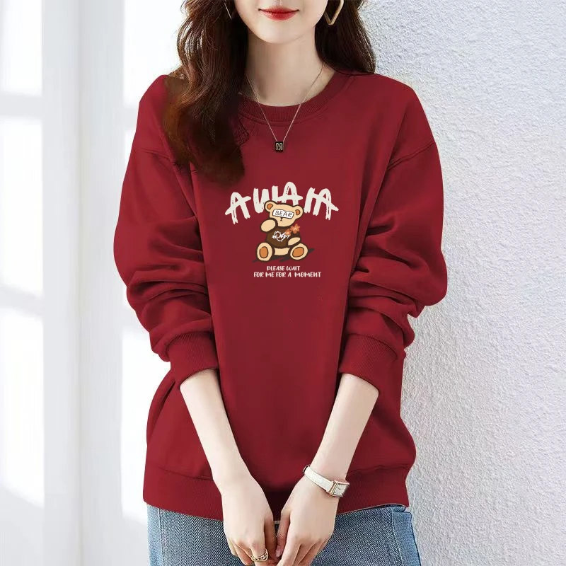 春秋冬季韩版女士圆领套头卫衣印花时尚百搭加绒加厚洋气休闲
