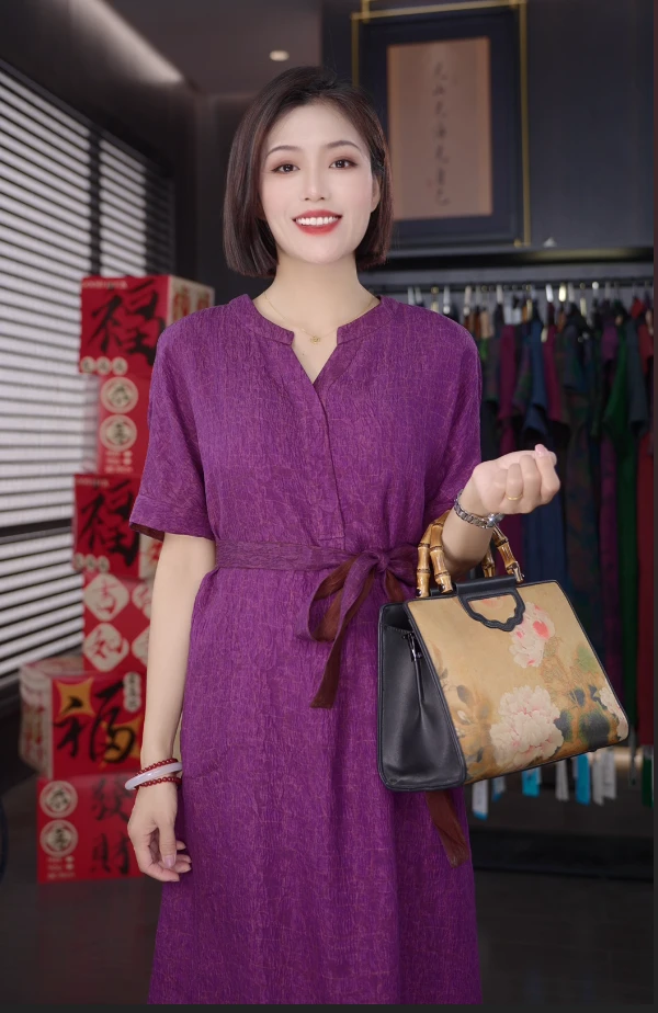 霓裳阁100桑蚕丝  夏季新款香云纱冠乐绉连衣裙（25053浪漫紫）
