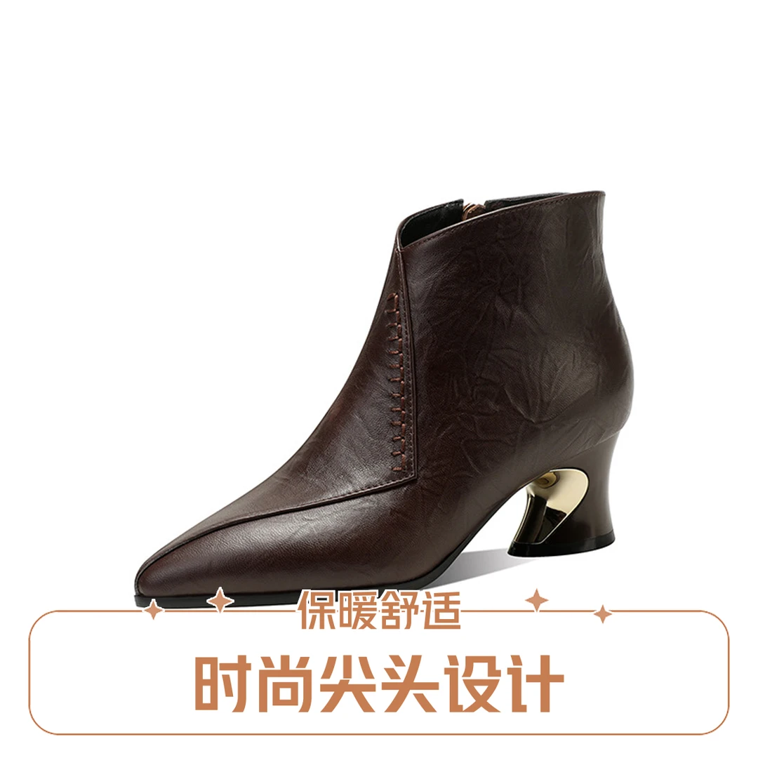 牛皮时尚粗跟加绒秋冬英伦风洋气高跟短靴细跟新款尖头真皮短靴女