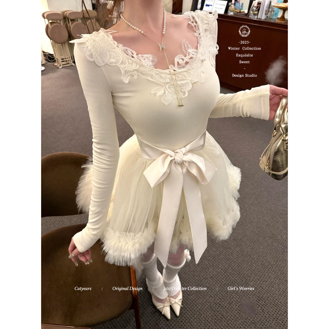 Catyears猫年【玉桂绒雪】软糯蕾丝珍珠蓬纱毛绒下摆短款仙女连衣裙