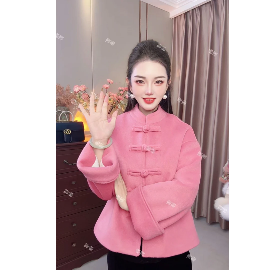 2025秋冬羊绒短款立领夹棉外套新中式复古上衣开衫