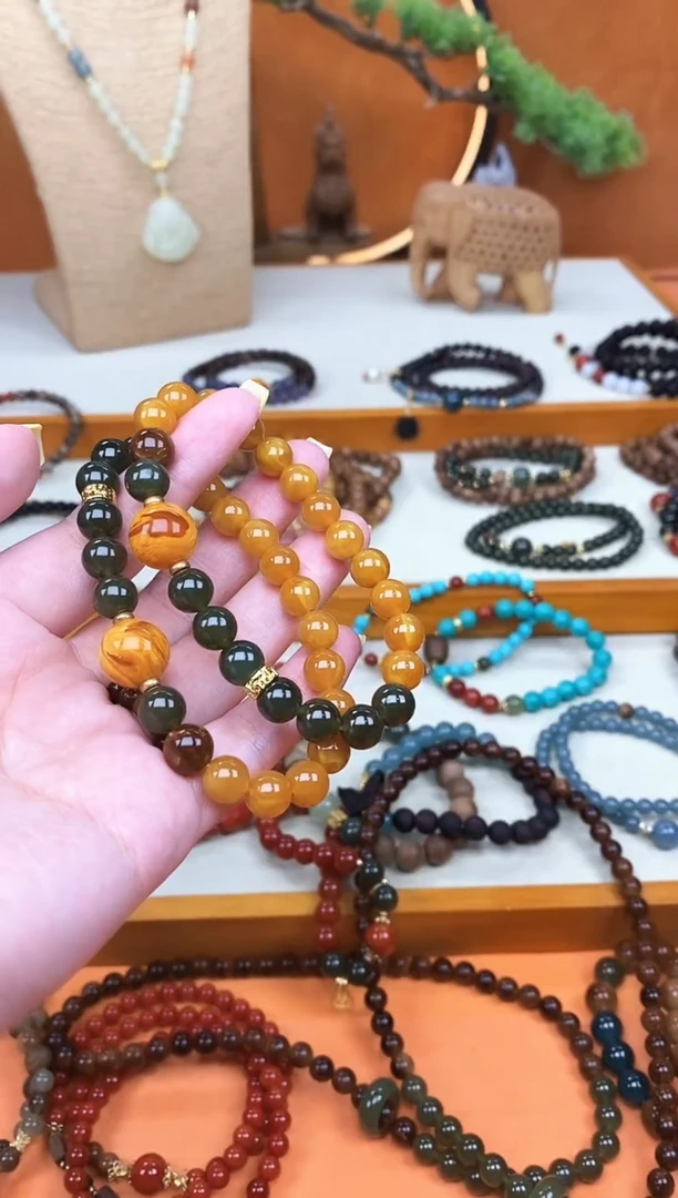 未镶嵌蜜蜡手链单圈蜜蜡和田菠菜绿手串