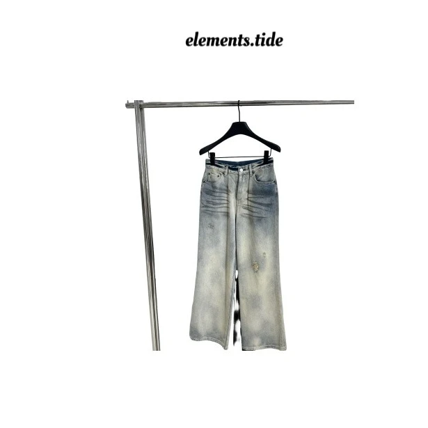 elements.tide 时髦小众脏染猫须做旧破洞牛仔裤女长裤宽松直筒裤