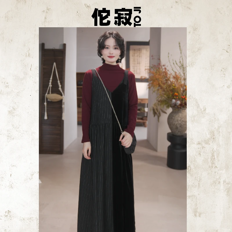 TOJI佗寂时尚百搭休闲无袖显瘦背心丝绒拼条纹连衣裙女士AEO3L736
