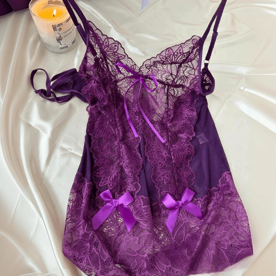 紫色姐姐纯欲吊带睡裙镂空蕾丝透明性感睡衣