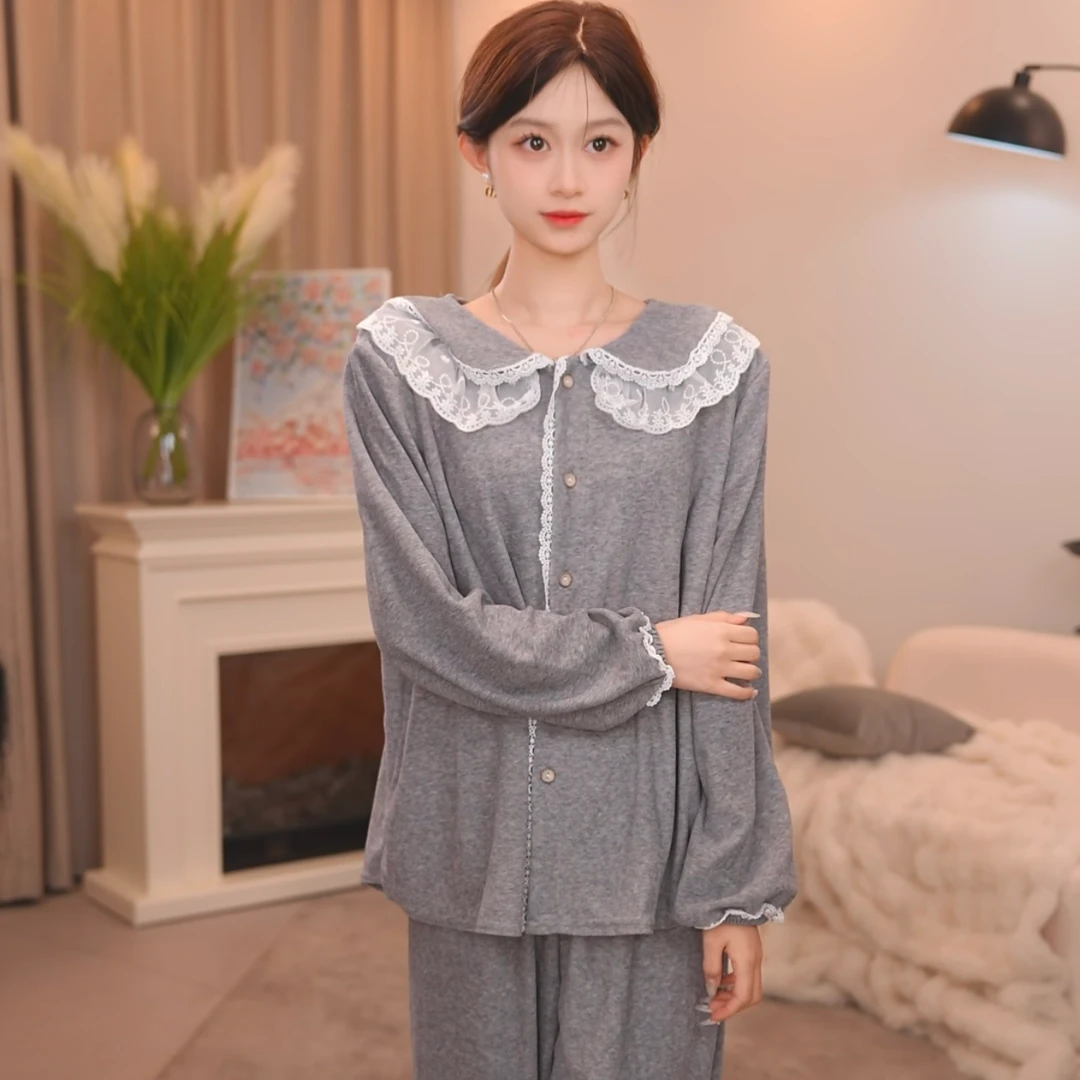 板栗小姐板栗小姐【希悦-灰A】新软糯高级长袖女士睡衣两件套家居服